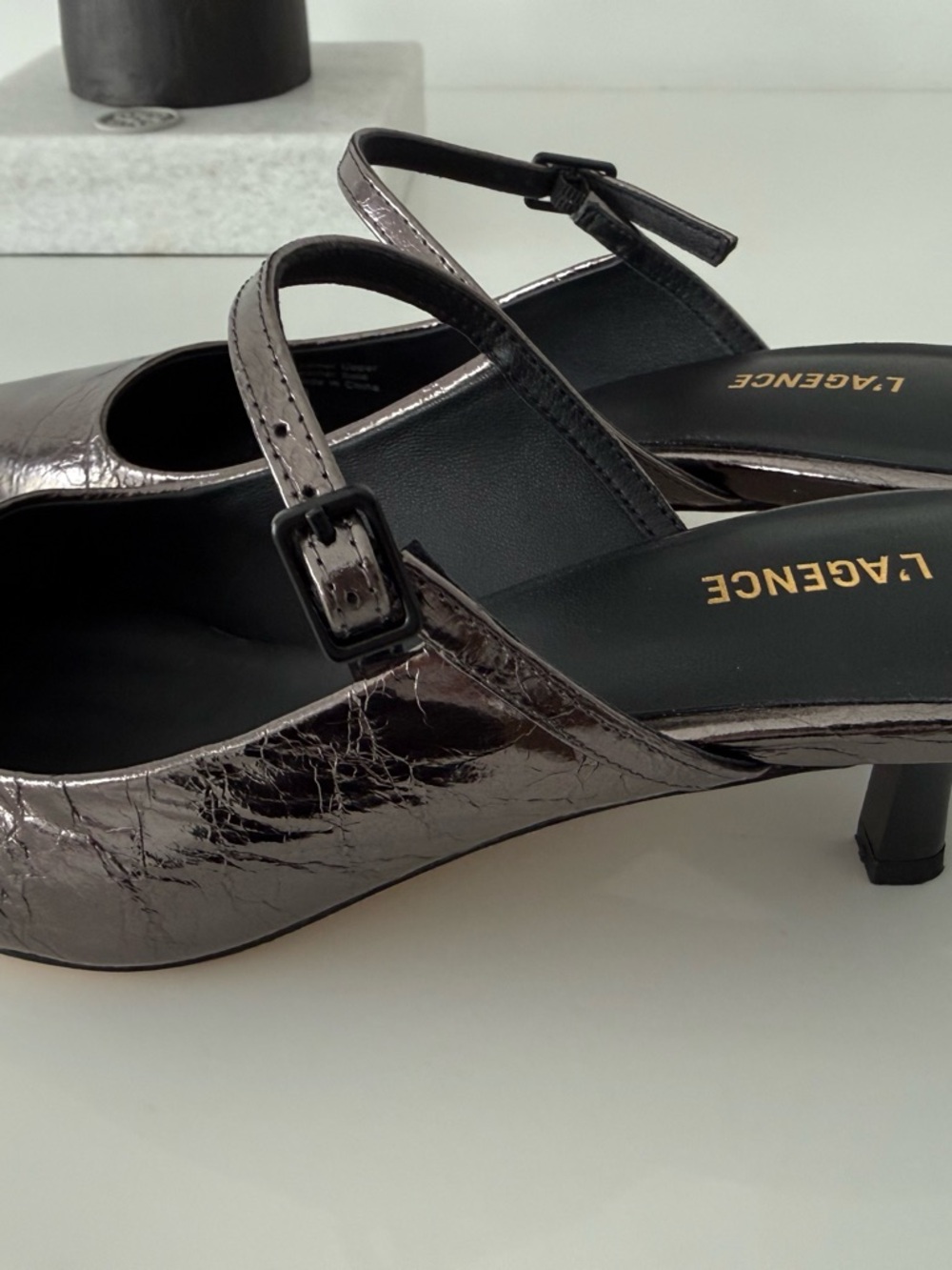 L'AGENCE Metallic Pewter Cracked Leather Mary Jane Slingback Heels